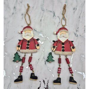 Lot of 2 Rustic Old Fashion Wooden Santa Claus Ornaments Dangle Legs Large 6.5"